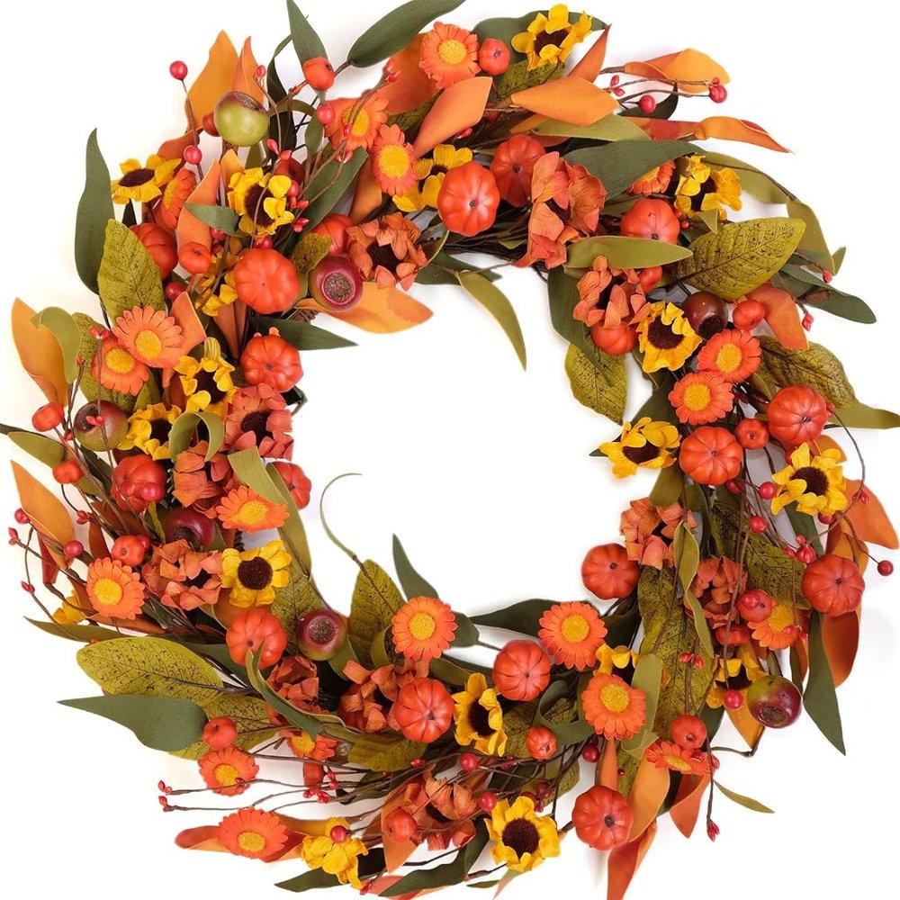 Fall Wreath Artificial Pumpkin Wreath Green Leaves for‎ Front Door Autumn Wreath